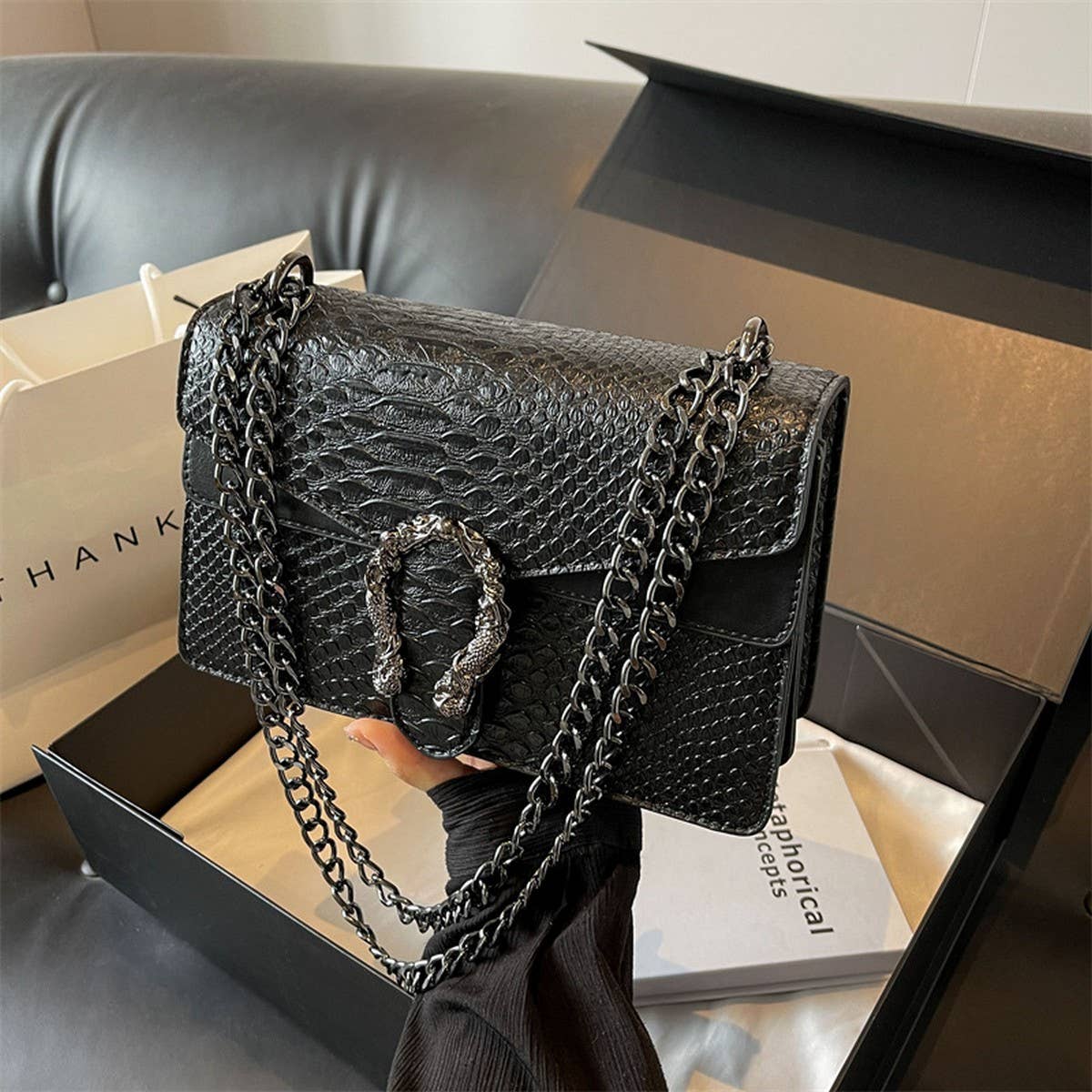 Crossbody Square Bag with Chain in Black