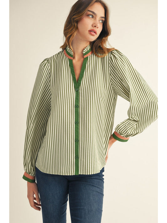 Long Sleeve Button Down Stripe Top with Ruffled Neckline in Olive