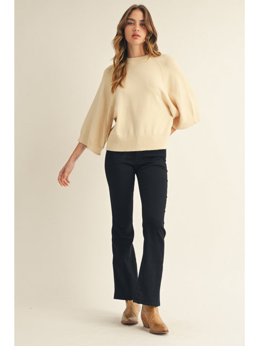 Sweater Top with Wide Sleeves & Drop Shoulder in Oatmeal