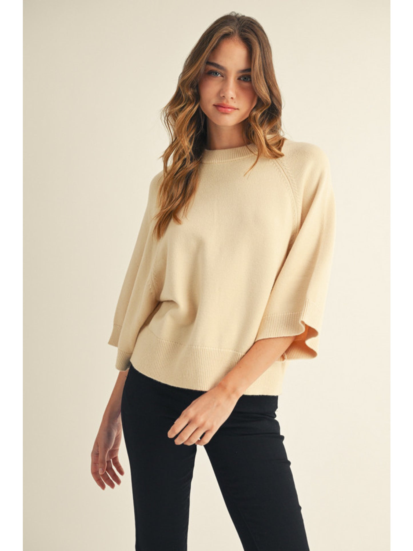 Sweater Top with Wide Sleeves & Drop Shoulder in Oatmeal