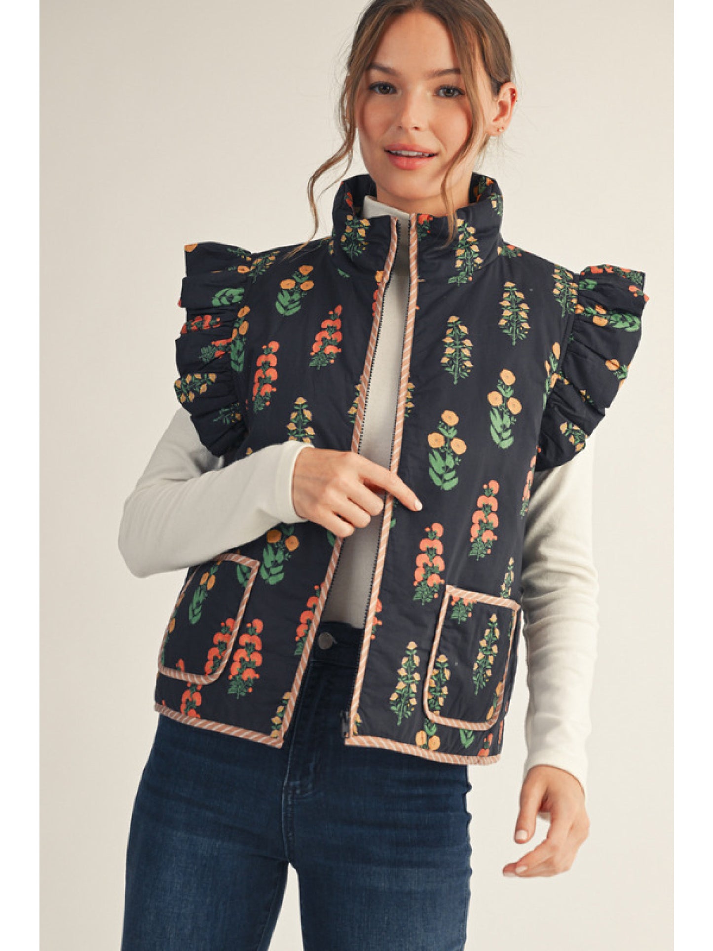 Floral Puff Vest with Pockets