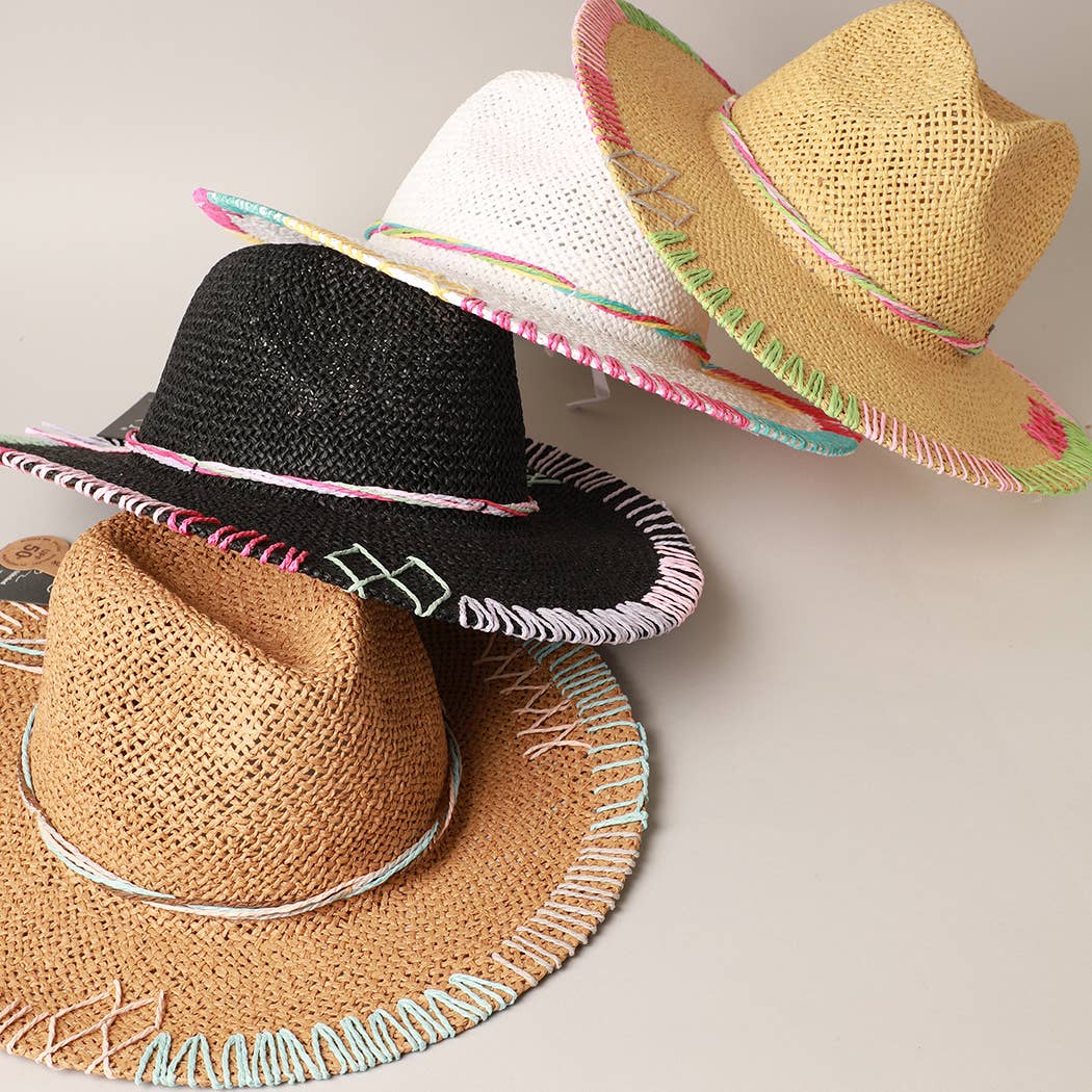 Multi-Colored Stitched Brim Panama Hat: DK.NATURAL / ONE SIZE