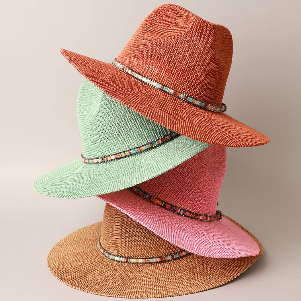 Multi-Colored Thread with Beaded Panama Hat: CLAY / ONE SIZE