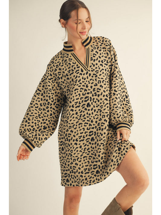 Puff Sleeve Dress with Leopard Texture and Ribbed Band