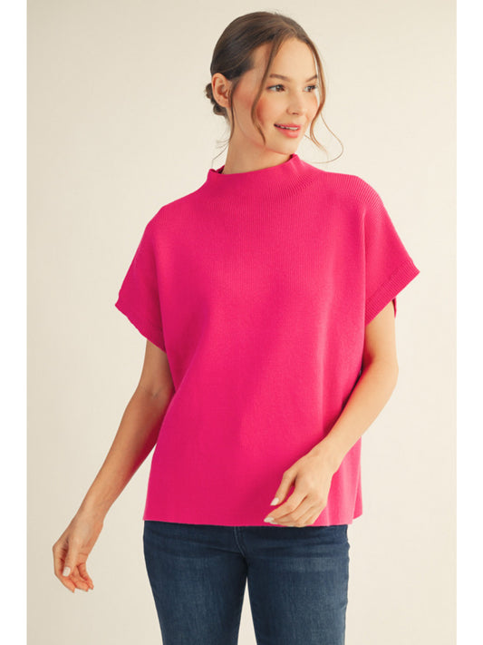 Mock Neck Sweater with Side Slit in Hot Pink