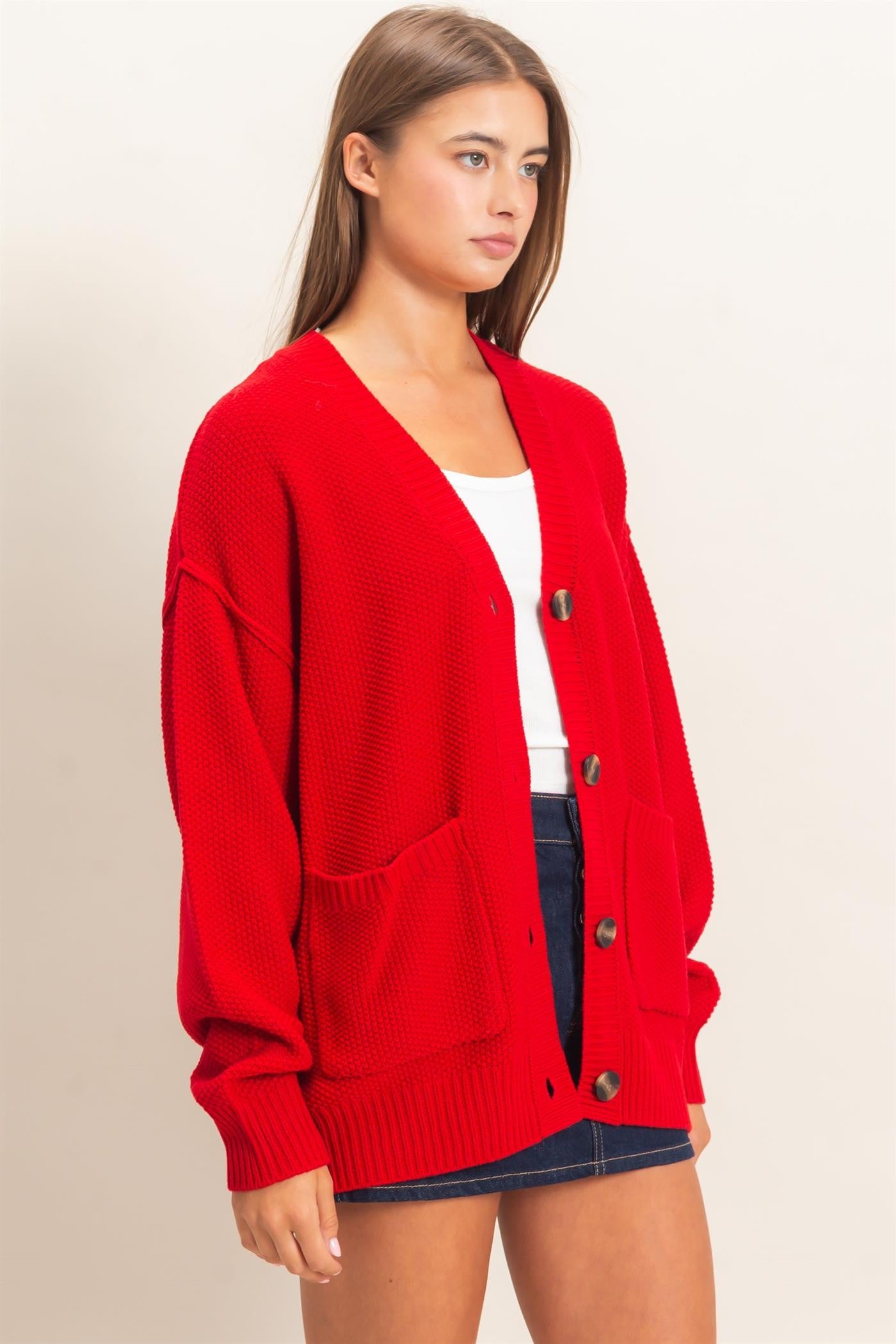 Textured Oversized Knit Cardigan in Red