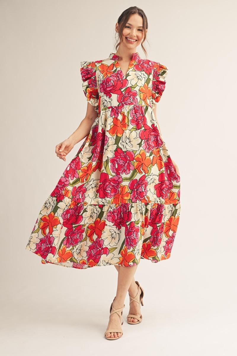 Floral Ruffled Sleeve Midi Dress
