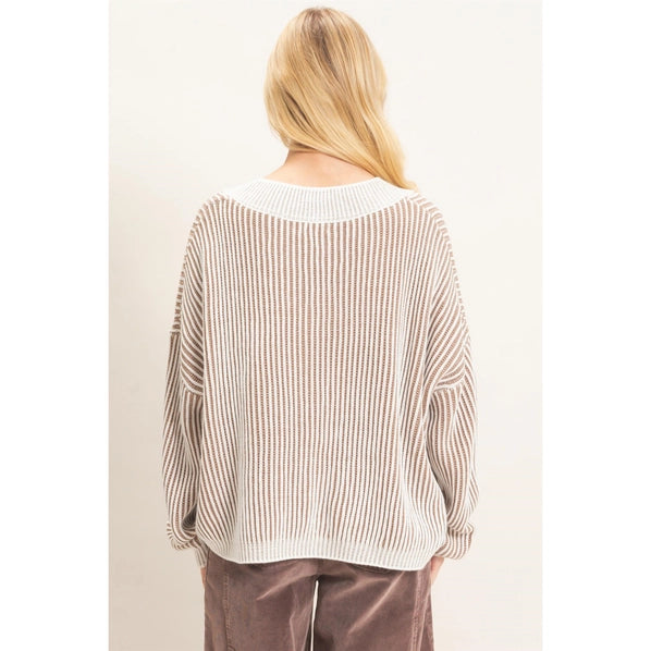 Striped V-Neck Ribbed Sweater in Taupe
