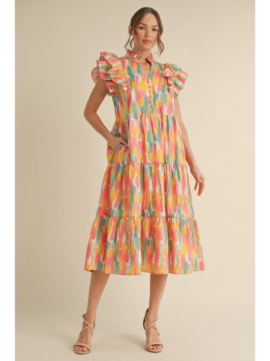 Geometric Print Midi Dress in Coral/Yellow