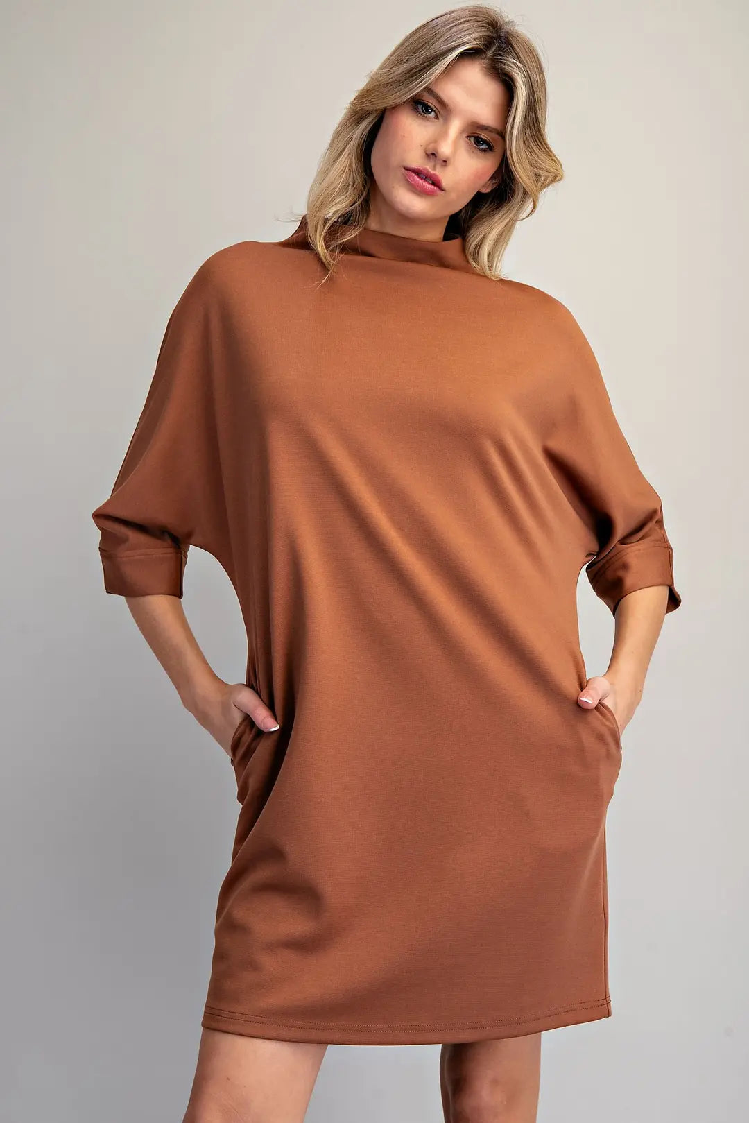 Solid Mock Neck Mini Dress in Toffee