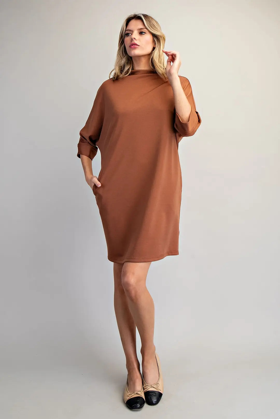 Solid Mock Neck Mini Dress in Toffee