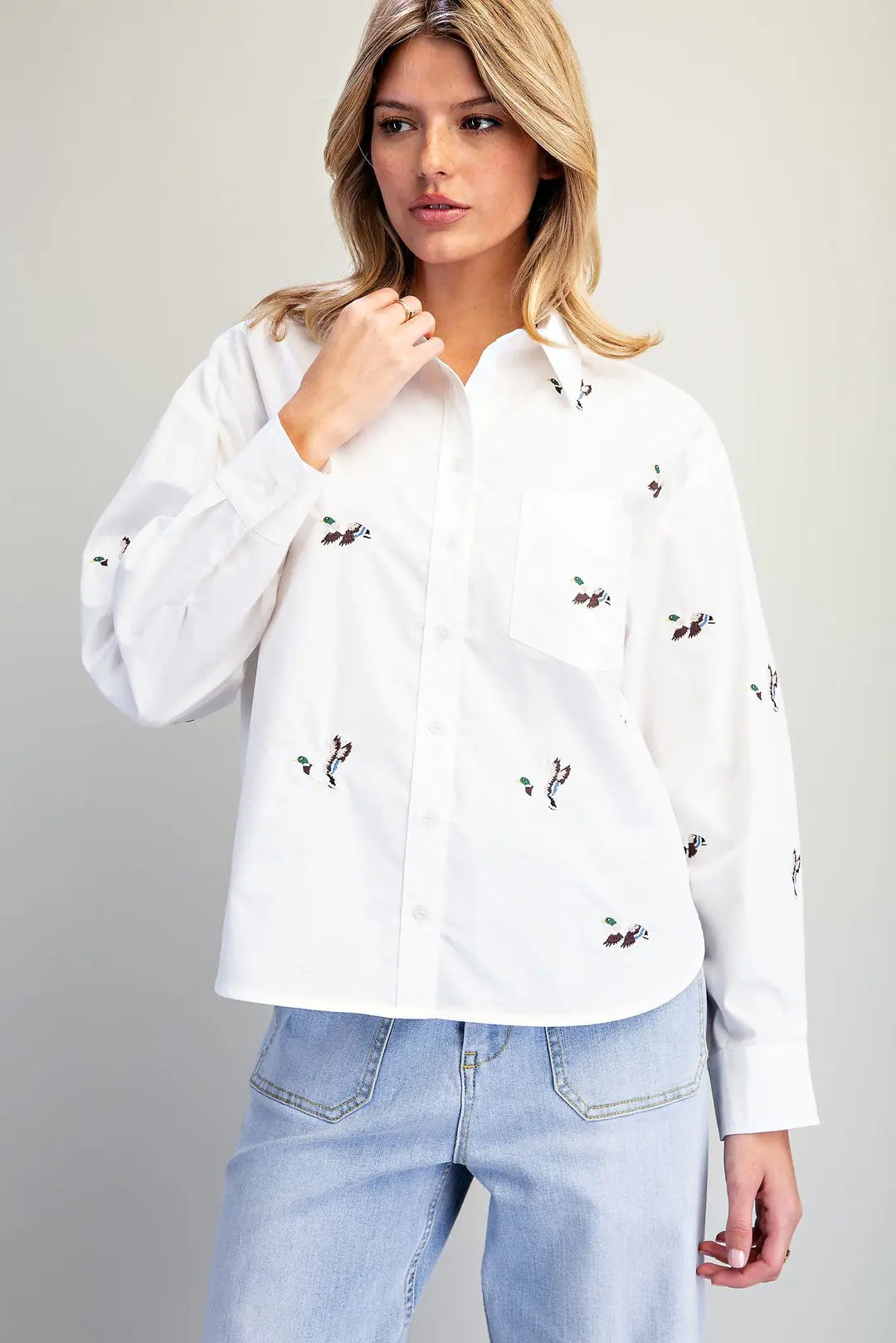 Embroidered Duck Button Down Shirt in White