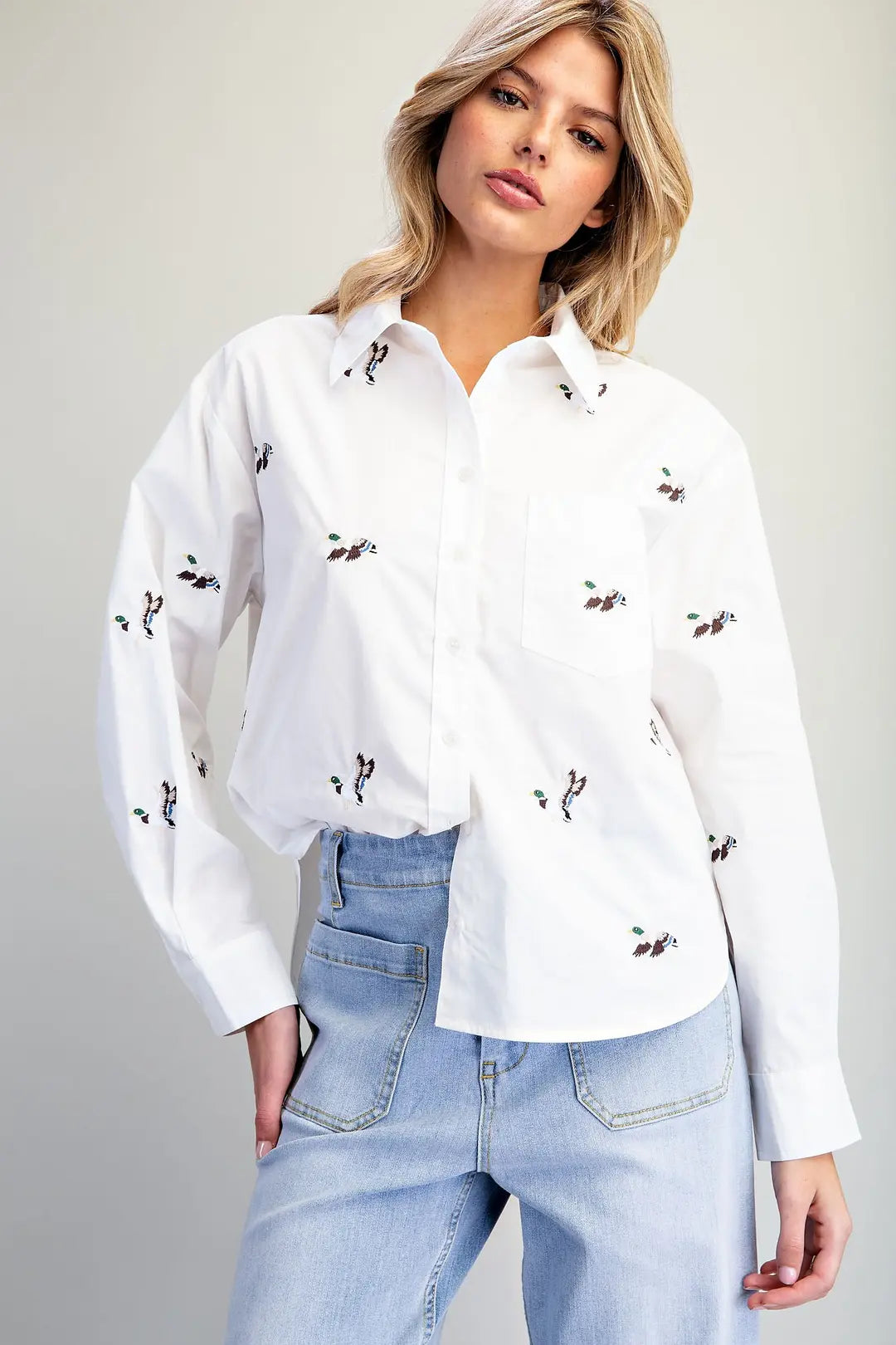 Embroidered Duck Button Down Shirt in White
