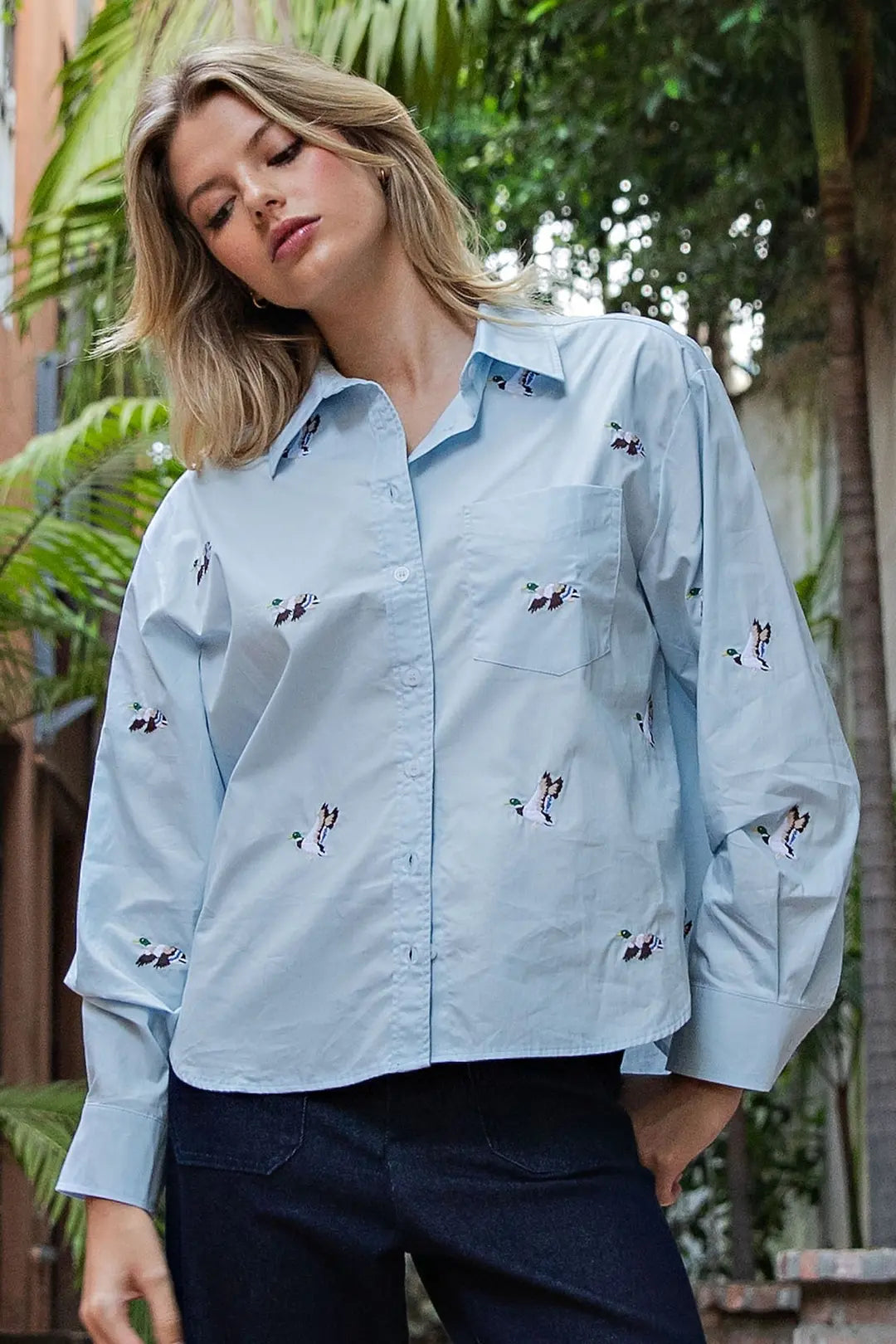 Embroidered Duck Button Down Shirt in Sky Blue