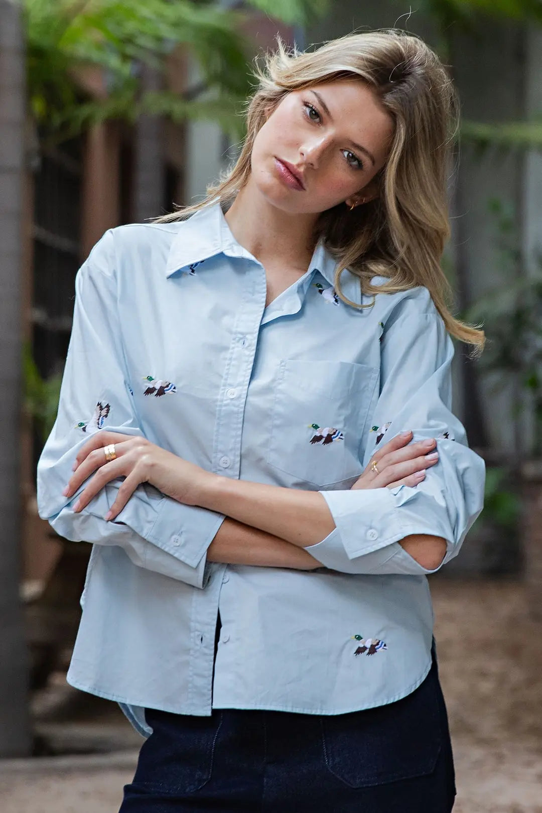 Embroidered Duck Button Down Shirt in Sky Blue