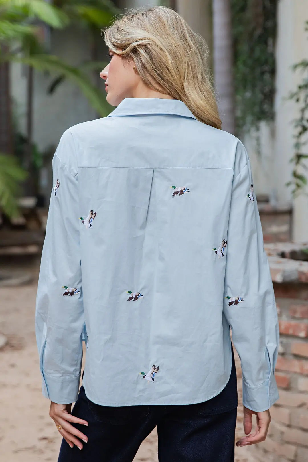 Embroidered Duck Button Down Shirt in Sky Blue