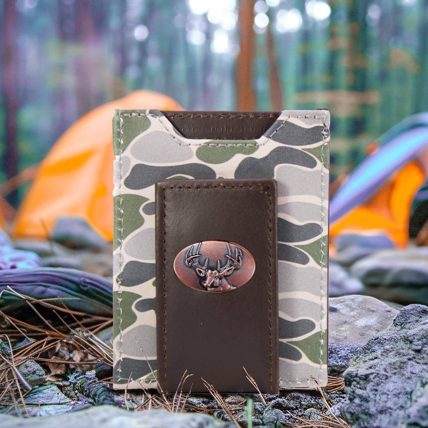Buck Men's Magnetic Front Pocket Old School Camo Leather Wallet.: Brown/Tan Camo