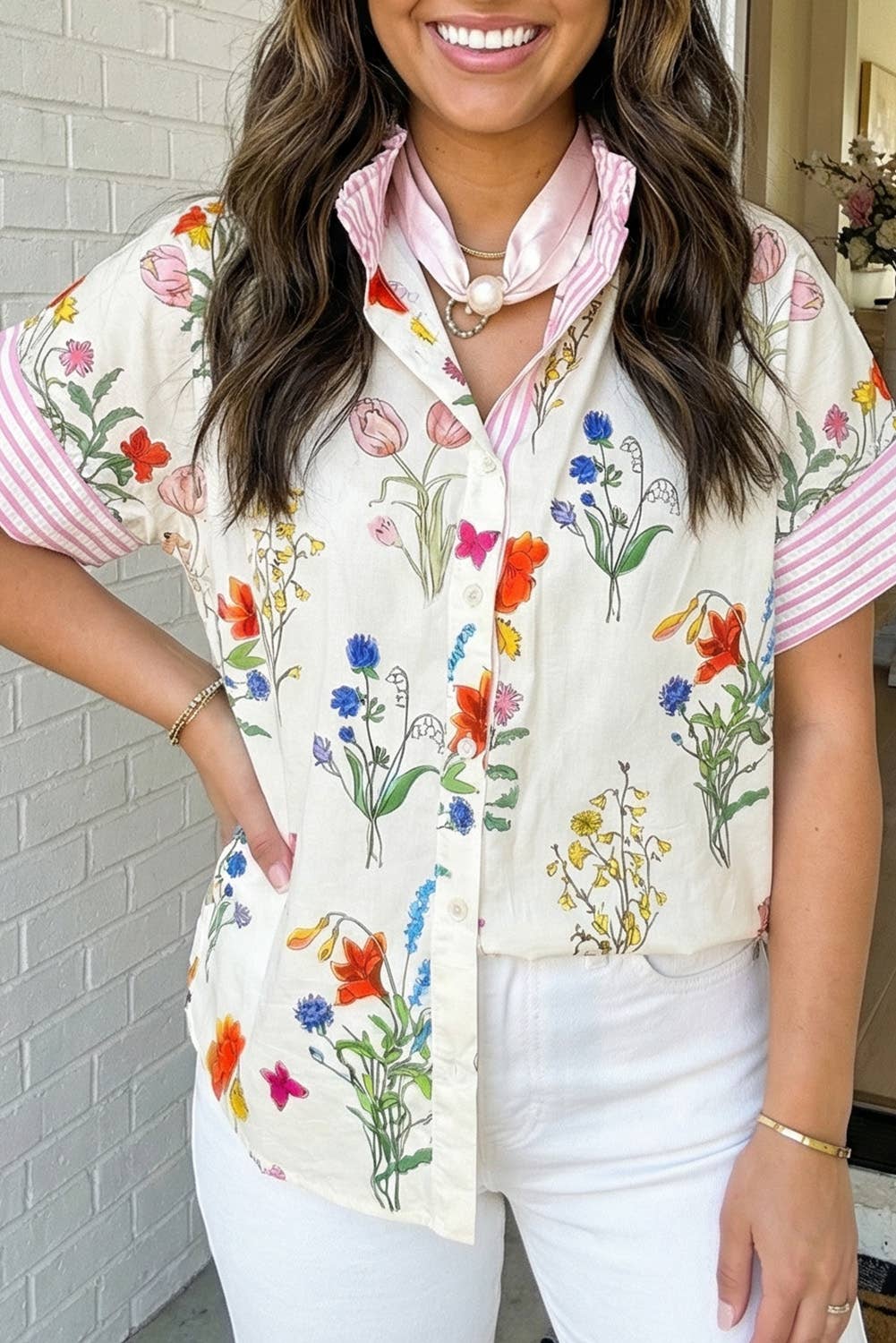 Floral Striped Printed Button Top