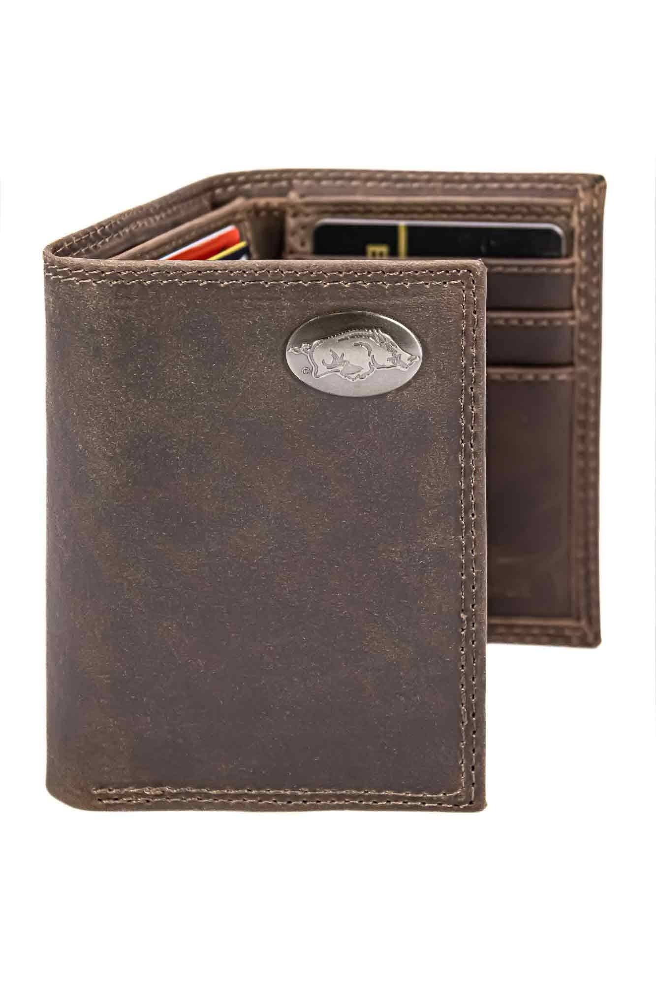 Arkansas Razorback Men's Collegiate Trifold Leather Wallet.: Crazyhorse Brown