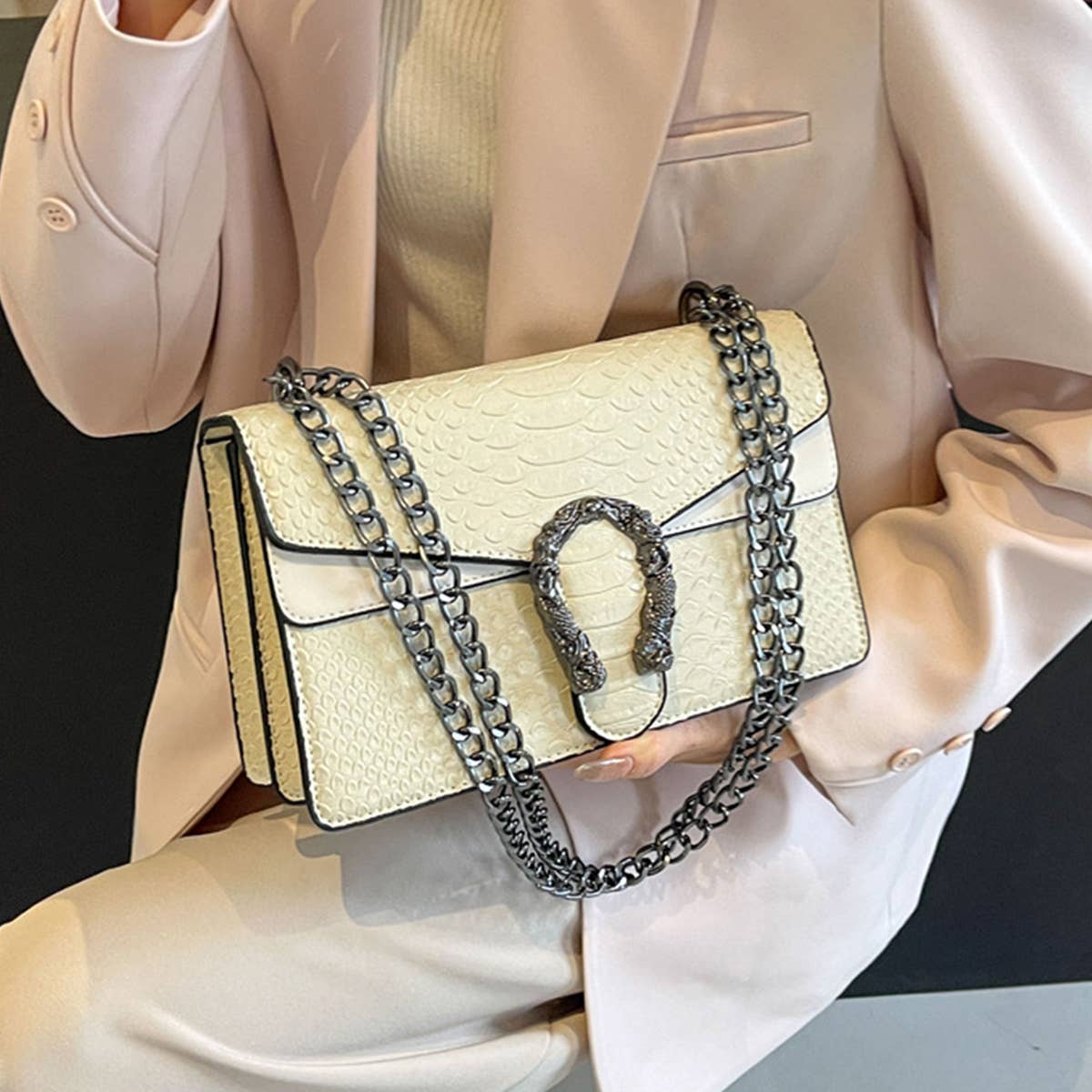 Crossbody Square Bag with Chain in Beige