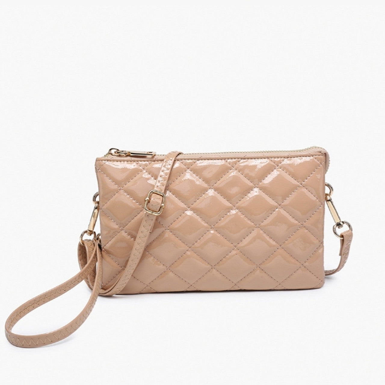Riley High Gloss Quilted Crossbody & Wristlet in Nude