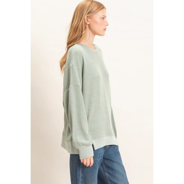 Ribbed Boat Neck Knit Top in Sage