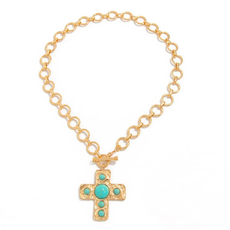NOTABLE HAMMERED CROSS FRONT TOGGLE NECKLACE GOLD