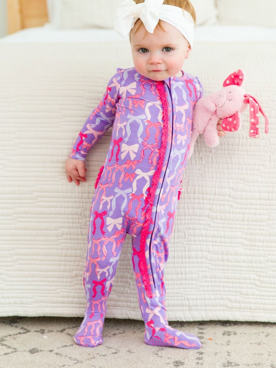 Rosy Ribbons Ruffle One Piece Footie Pajamas