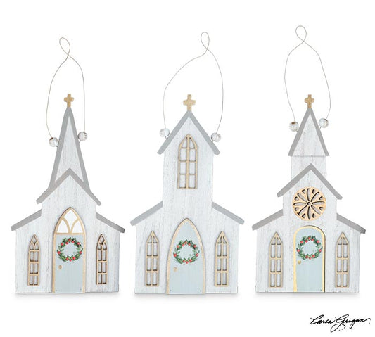 Distressed White Church Ornament