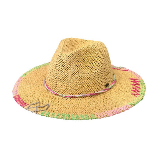 Multi-Colored Stitched Brim Panama Hat: NATURAL / ONE SIZE