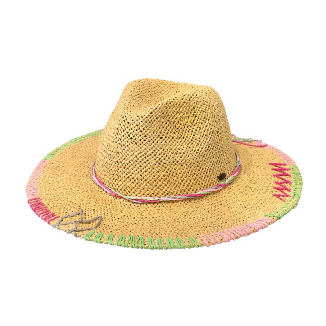 Multi-Colored Stitched Brim Panama Hat: DK.NATURAL / ONE SIZE