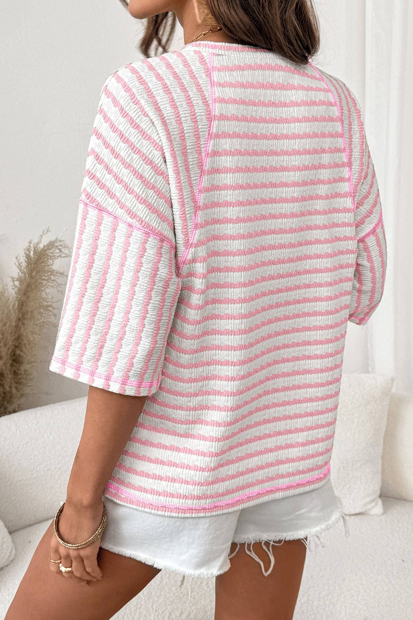 Stripe Textured Knit Split Hem Half Sleeve Top | Pink Stripe