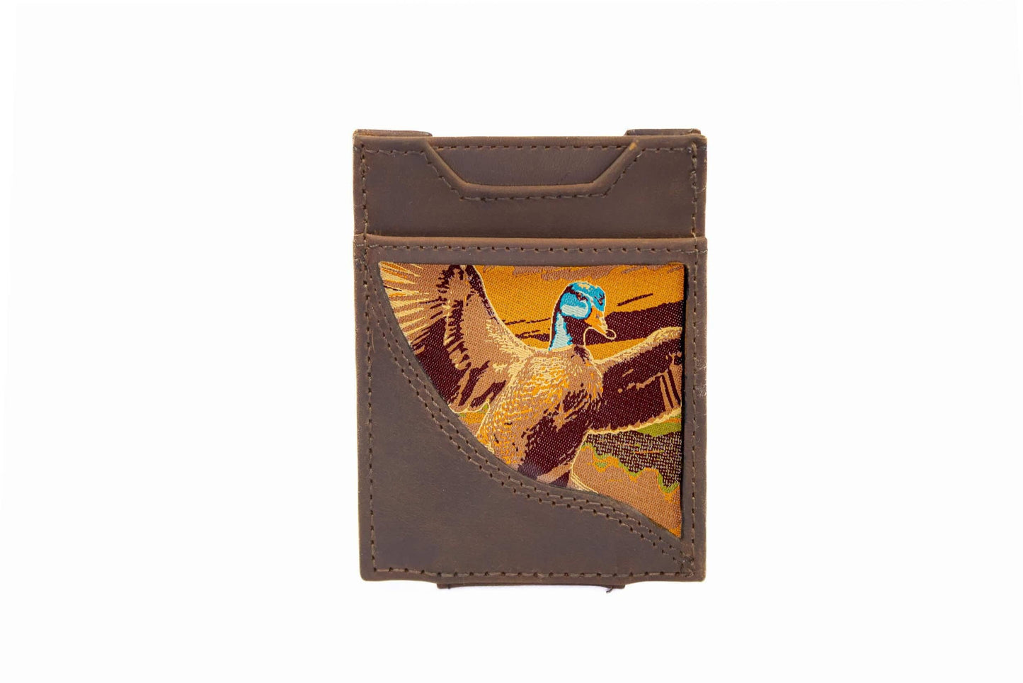 Mallard Men's Magnetic Front Pocket Woven Patch Leather Wallet.