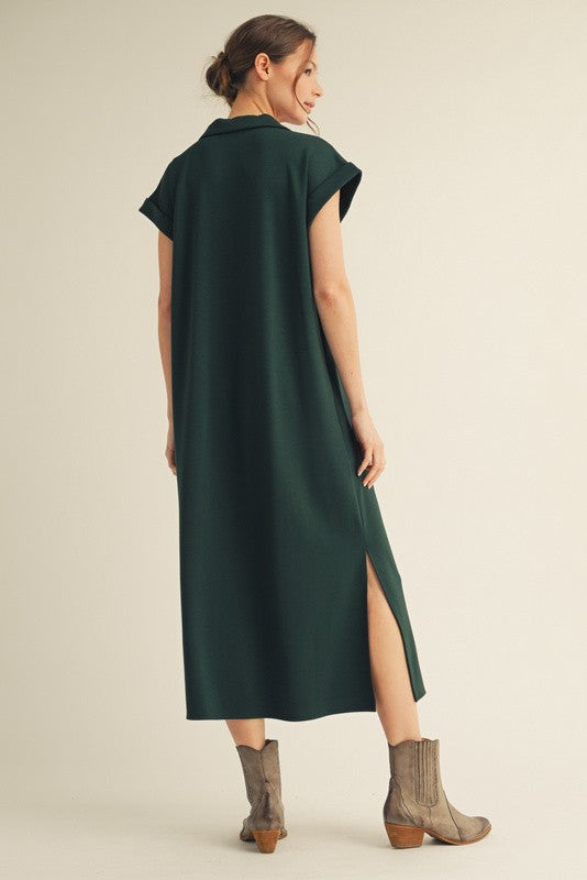 Solid Collared Midi Dress With Pockets