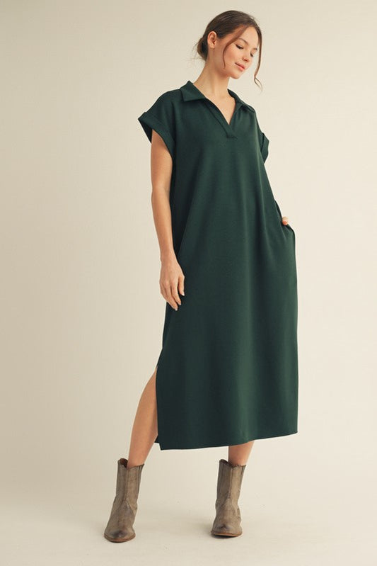 Solid Collared Midi Dress With Pockets