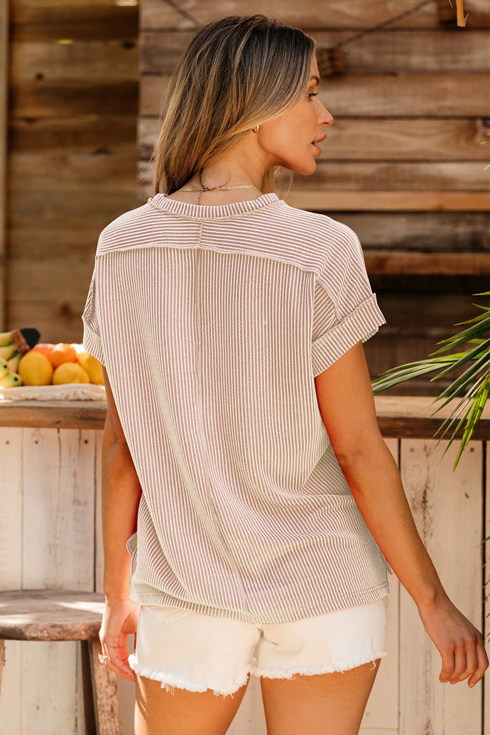 Textured Knit Exposed Stitching T-shirt : Apricot