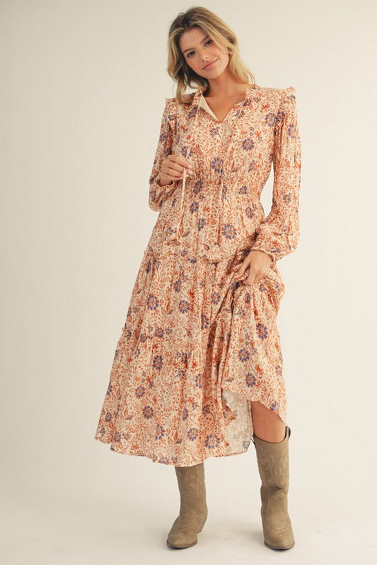 Boho Floral Tiered Peasant Midi Dress