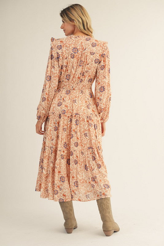 Boho Floral Tiered Peasant Midi Dress