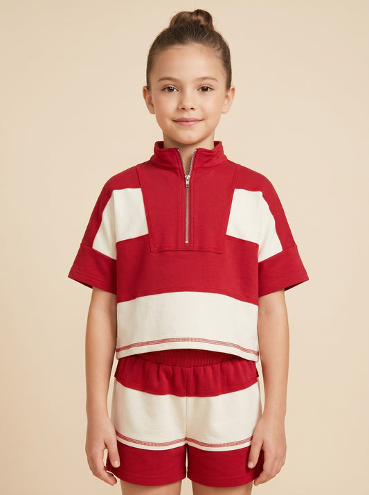 Girls Color Block Stripe Half Zip Knit Set