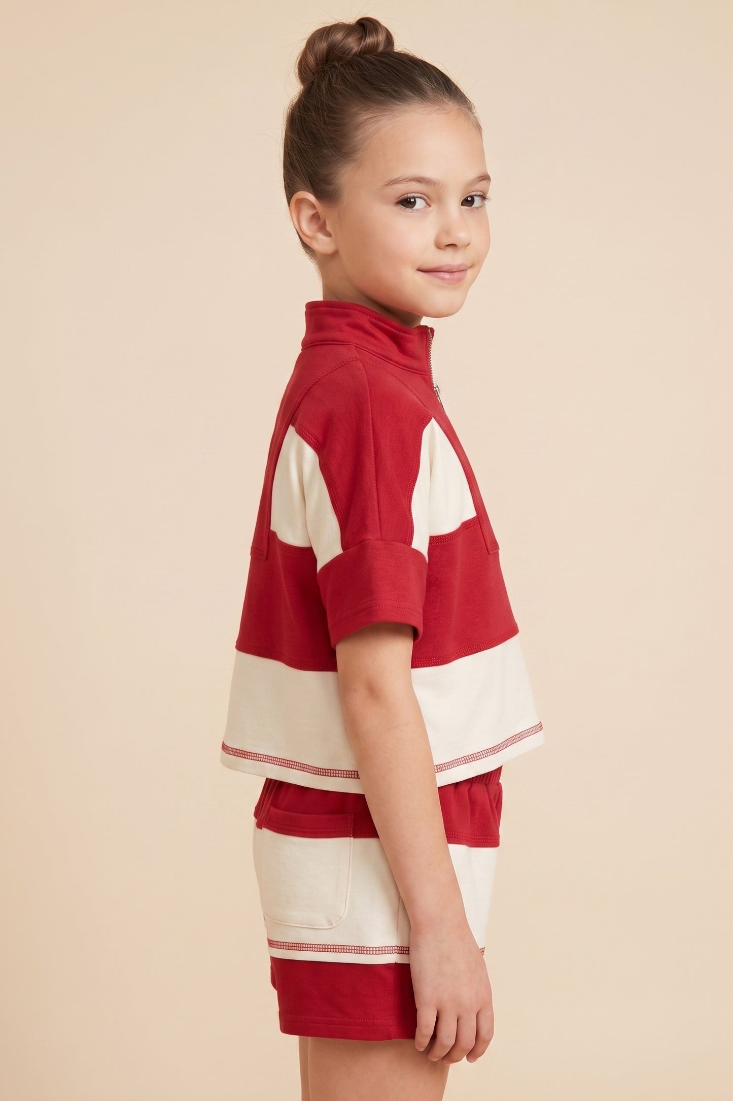 Girls Color Block Stripe Half Zip Knit Set