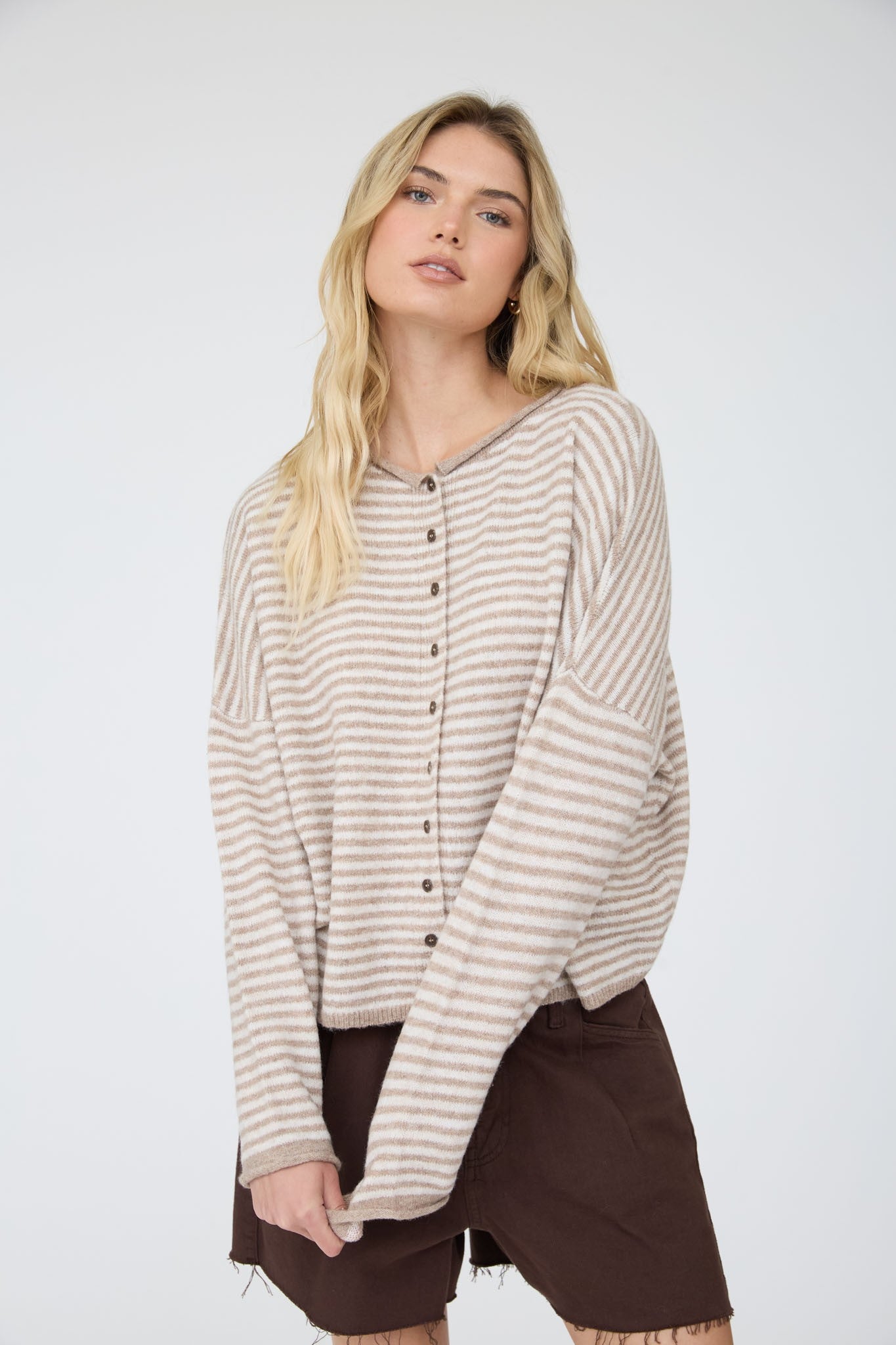 Stripe Raw Edge Drop Shoulder Knit Cardigan in Light Mocha