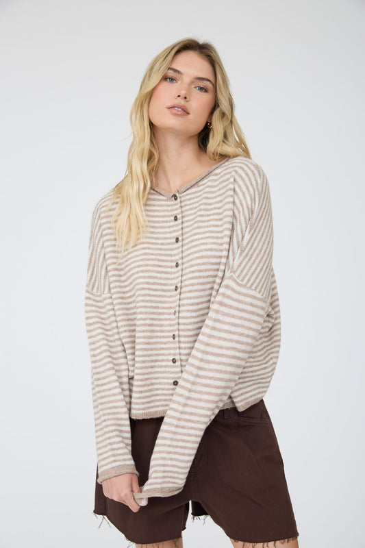 Stripe Raw Edge Drop Shoulder Knit Cardigan in Light Mocha