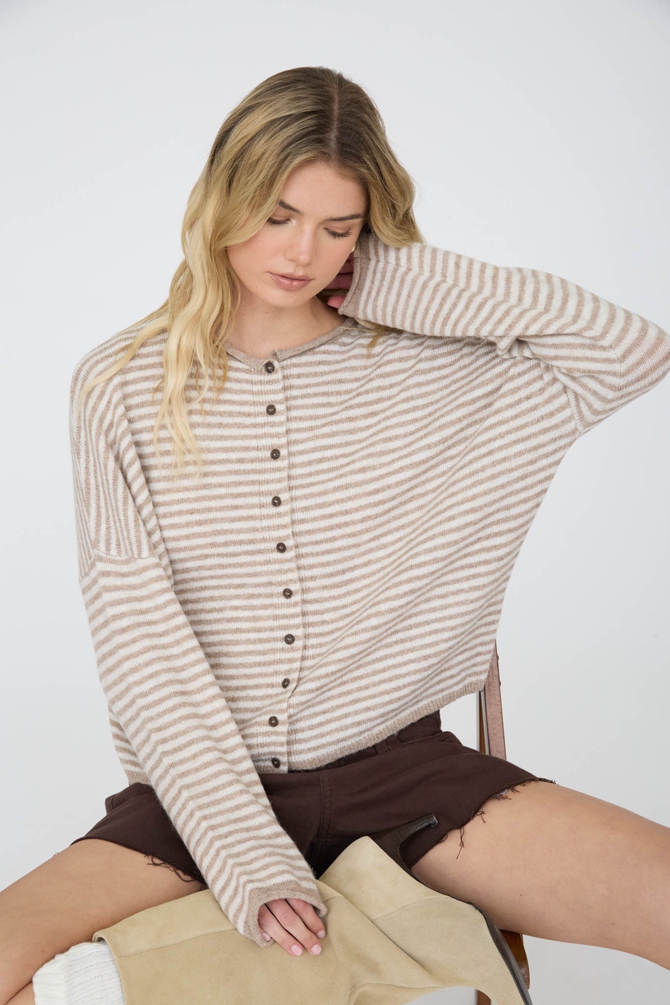 Stripe Raw Edge Drop Shoulder Knit Cardigan in Light Mocha