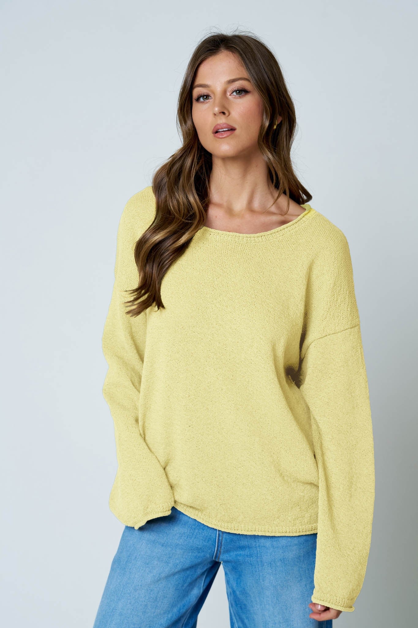 Textured Raw Edge Long Sleeve Knit Sweater in Butter Yellow