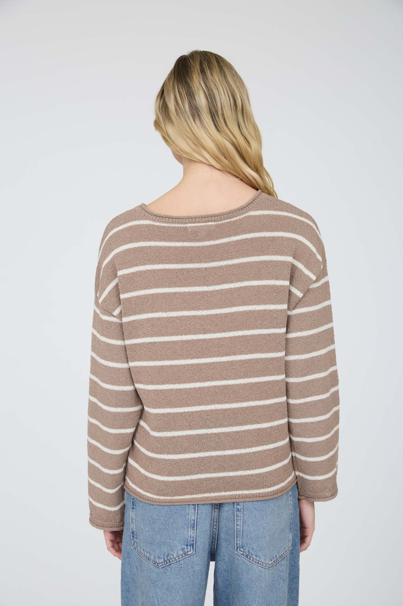 Stripe Textured Raw Edge Long Sleeve Knit Sweater in Mocha
