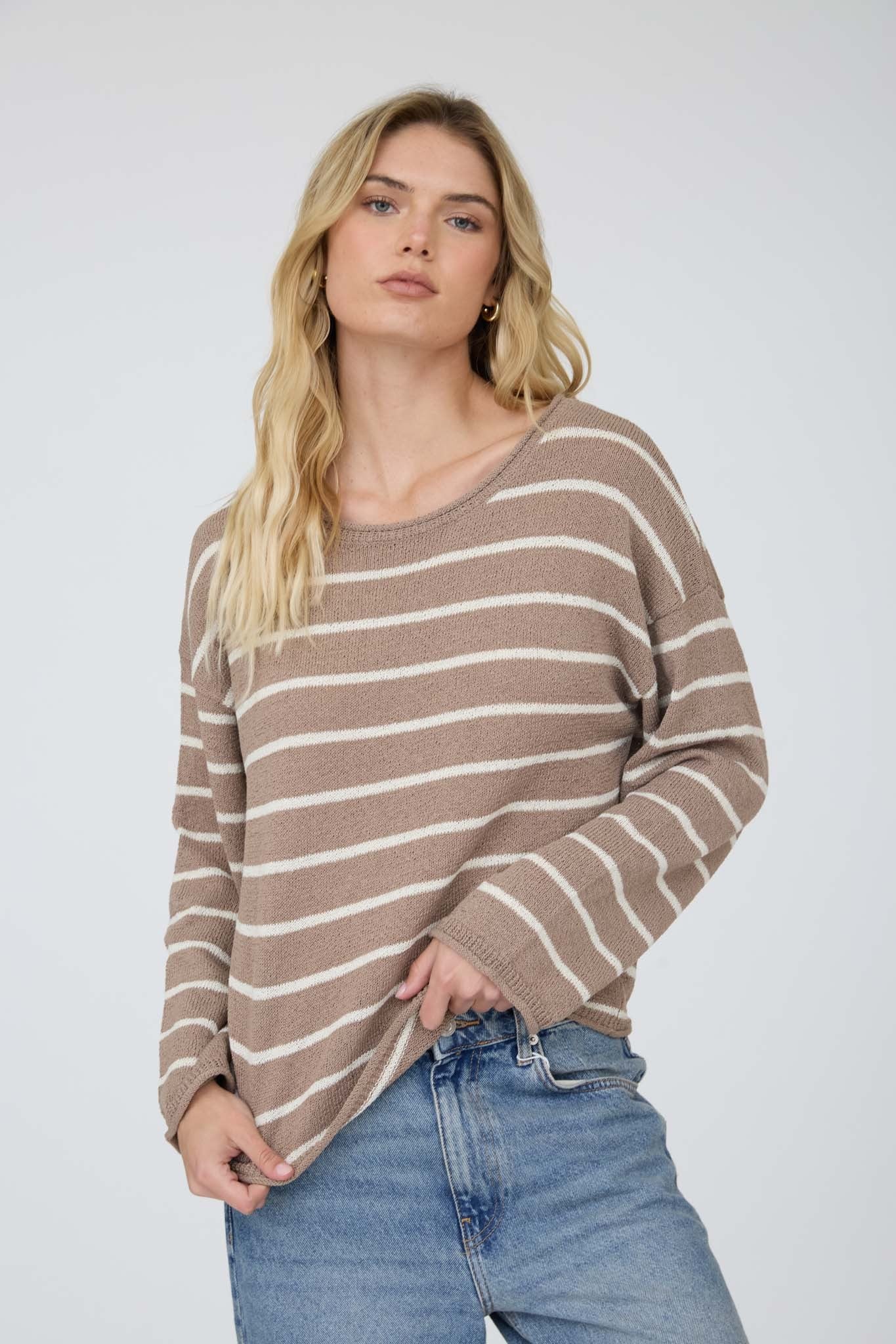 Stripe Textured Raw Edge Long Sleeve Knit Sweater in Mocha