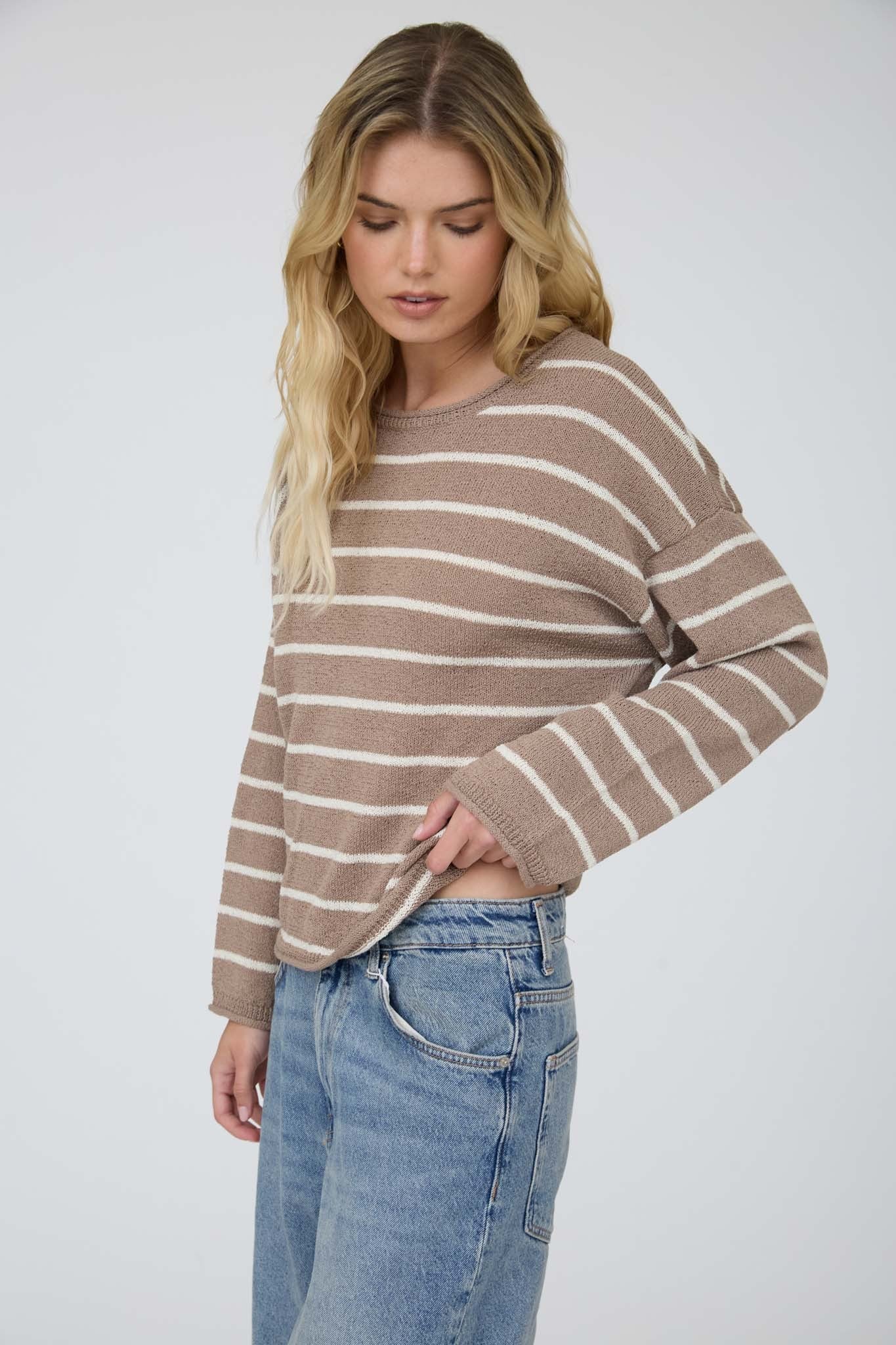 Stripe Textured Raw Edge Long Sleeve Knit Sweater in Mocha