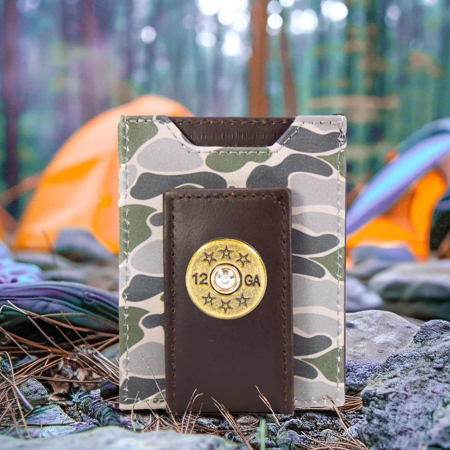 Shotshell Men's Magnetic Front Pocket Old School Camo Leather Wallet.: Brown/Tan Camo