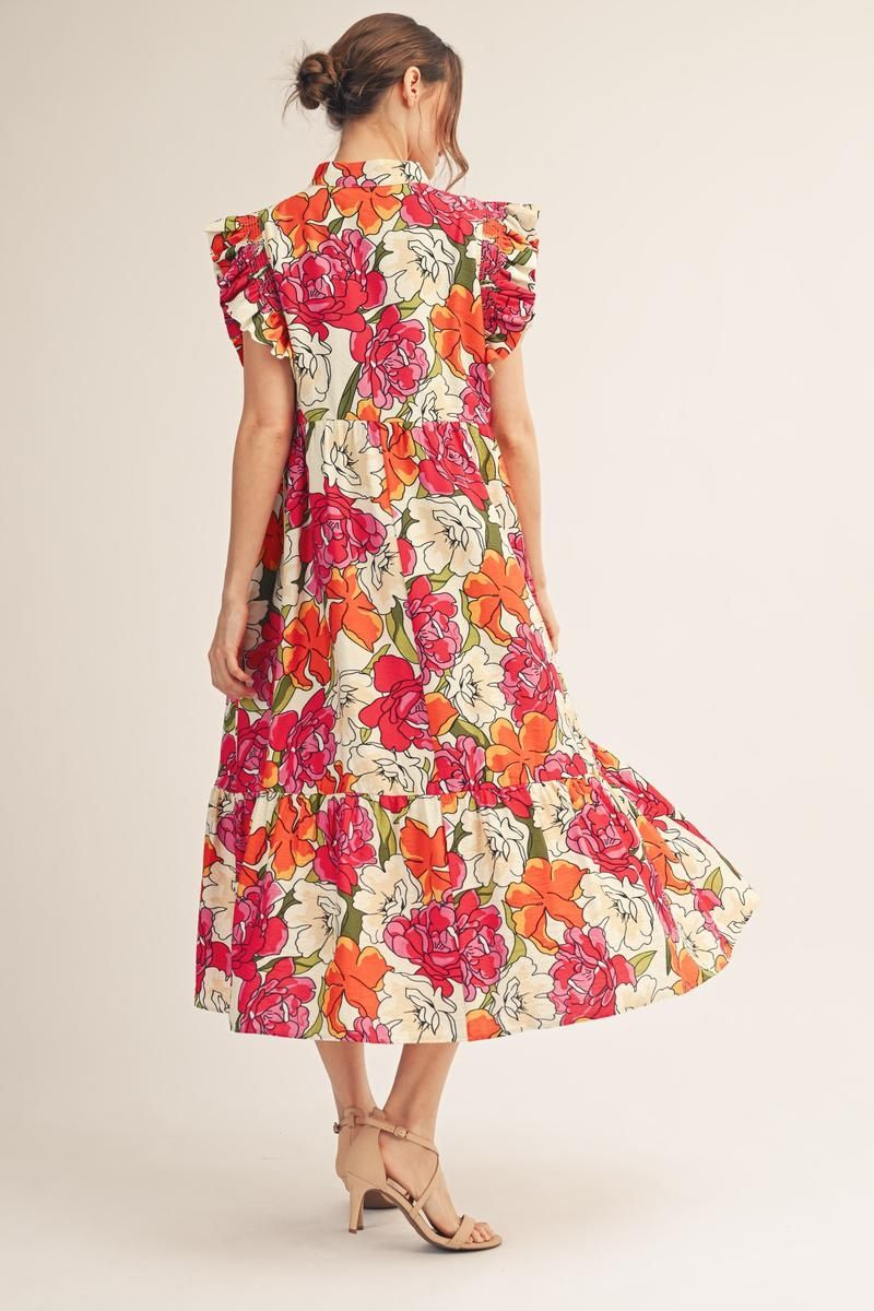 Floral Ruffled Sleeve Midi Dress