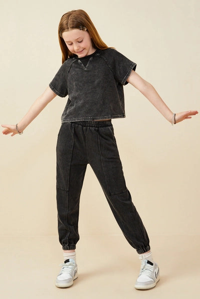 Girls Washed Short Sleeve Jogger Set